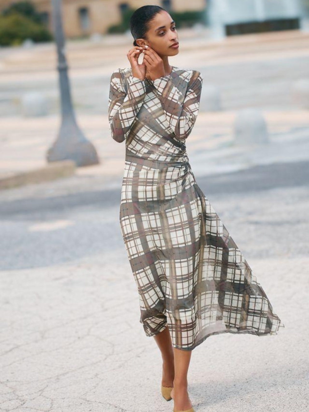 Anthropologie Long-Sleeve Ruched Mesh Midi Dress